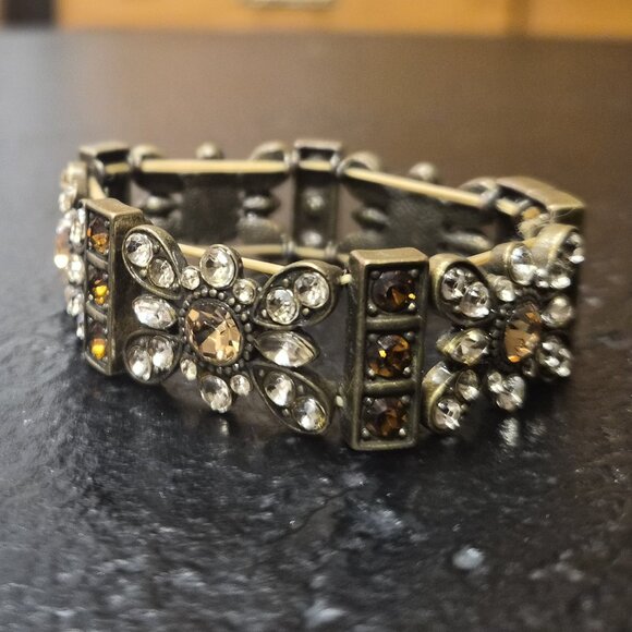 VTG Brass Stretch Bracelet with Clear/Champagne Rhinestones Floral Design Boho - Picture 3 of 5